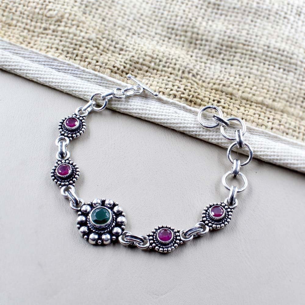 Beach Wear Real Sterling Silver Cut Stone Oxidized Bracelet Gift For Girls Women