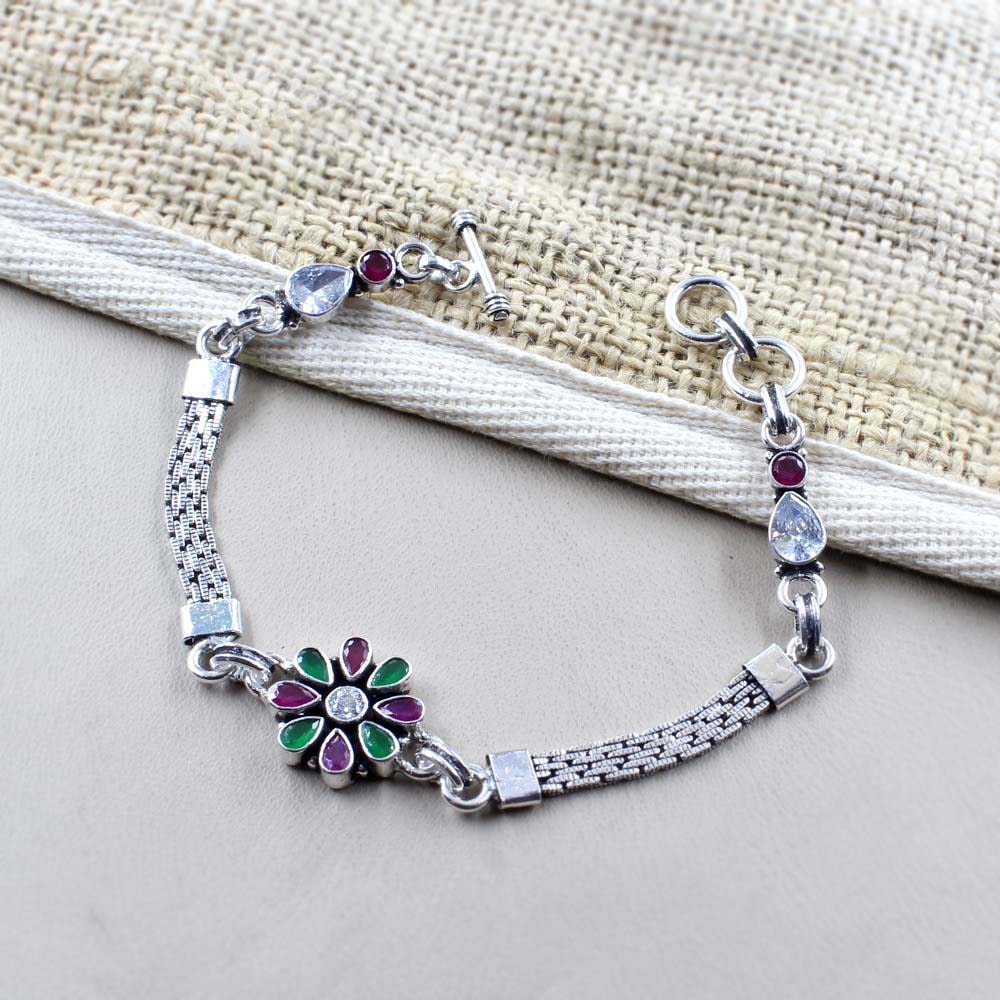 Flower Style Real Silver Cut Stone Oxidized Bracelet Gift For Girls Women