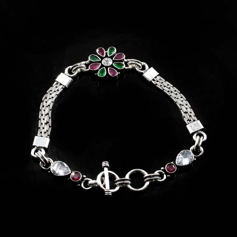 Flower Style Real Silver Cut Stone Oxidized Bracelet Gift For Girls Women