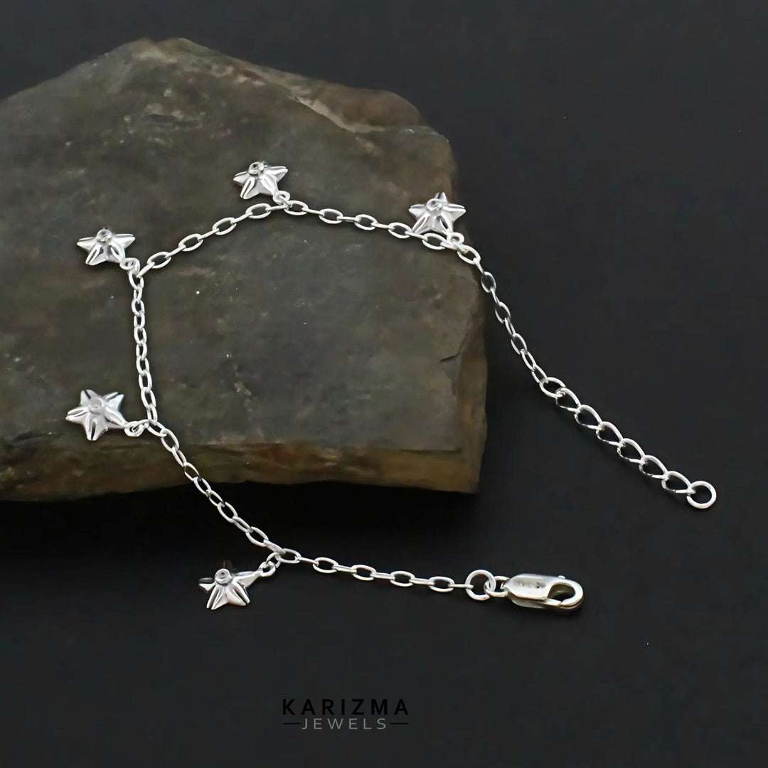 Indian 925 Sterling Silver Five star charms cable chain Bracelet for Girls