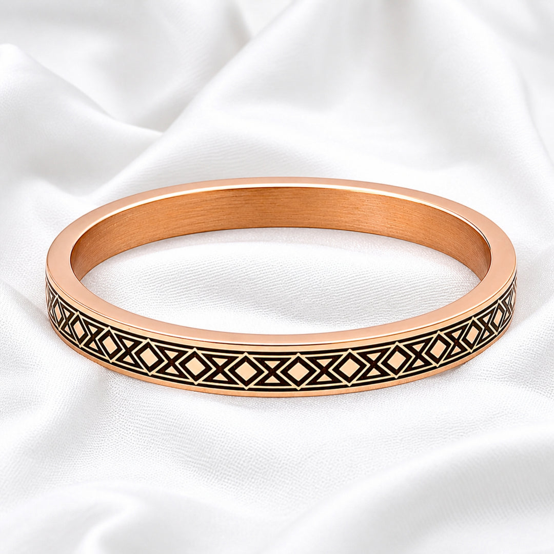 Heavy Flat Geometric Diamond Pattern Engraved Copper Kada Bangle for Men