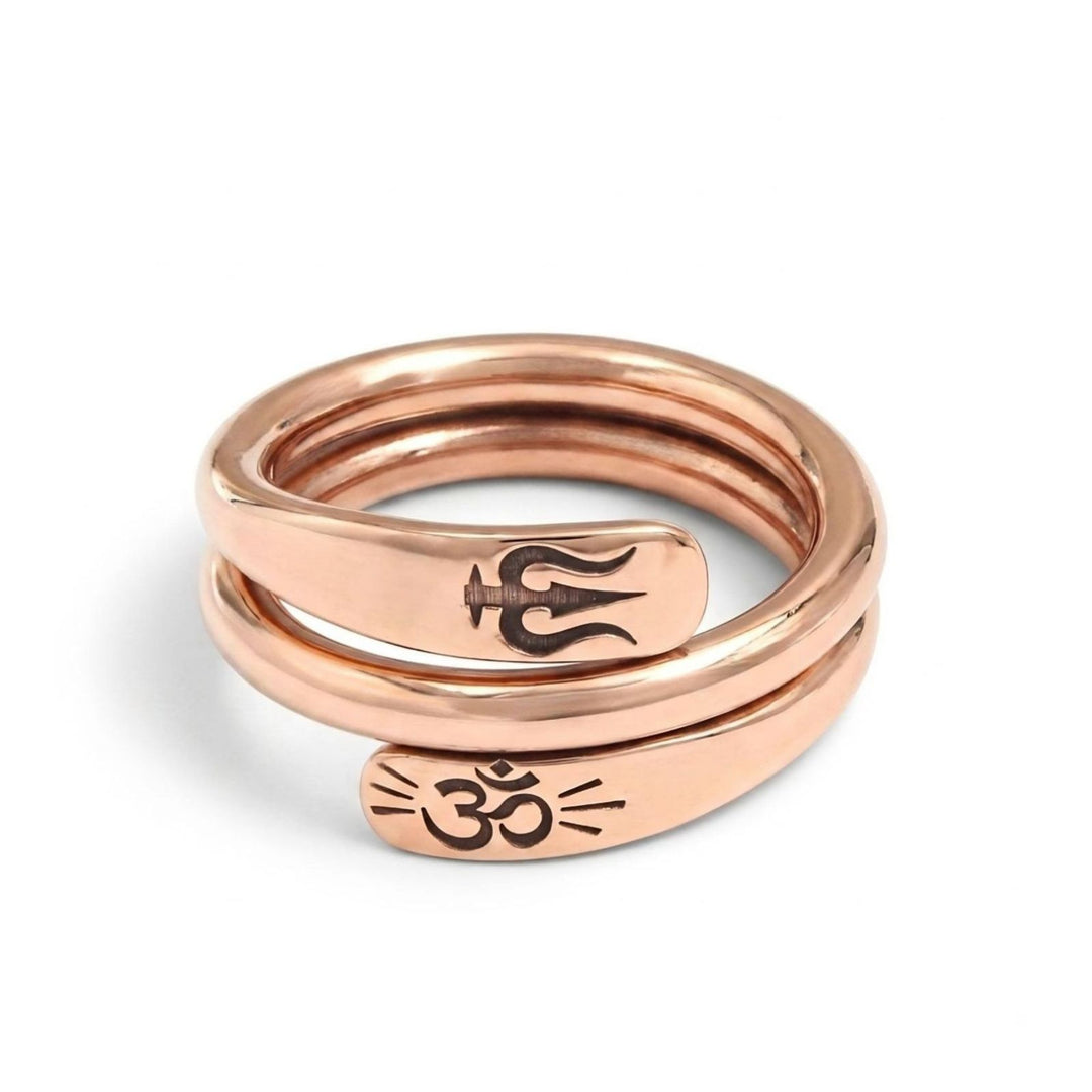 Heavy Pure Copper Ring – Double Line Adjustable Trishul & Om Engraved Design
