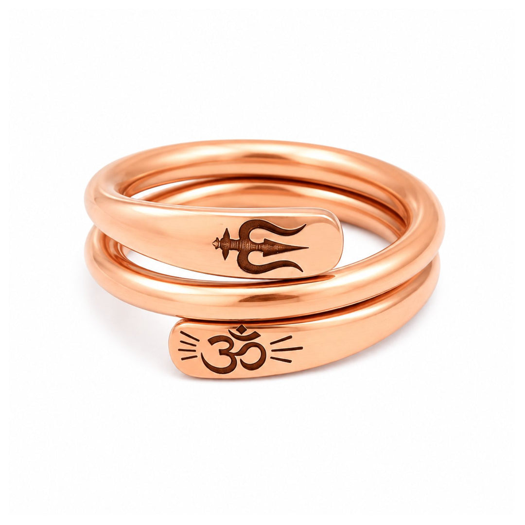 Heavy Pure Copper Ring – Double Line Adjustable Trishul & Om Engraved Design