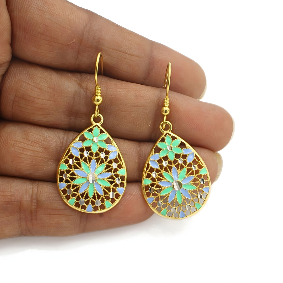 925 Sterling Silver Gold Tone Floral Drop Earrings