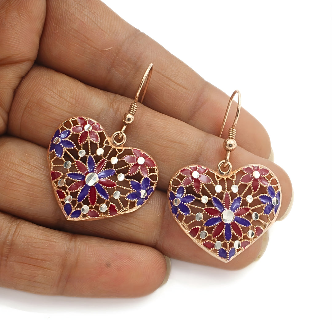 925 Sterling Silver Rose Gold Royal Petal Heart Drops Earrings