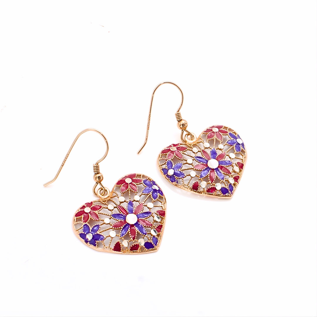 925 Sterling Silver Rose Gold Royal Petal Heart Drops Earrings