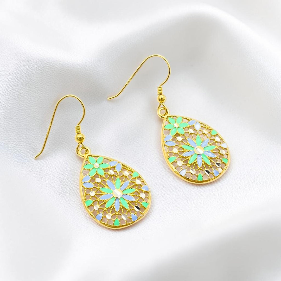 925 Sterling Silver Gold Tone Floral Drop Earrings