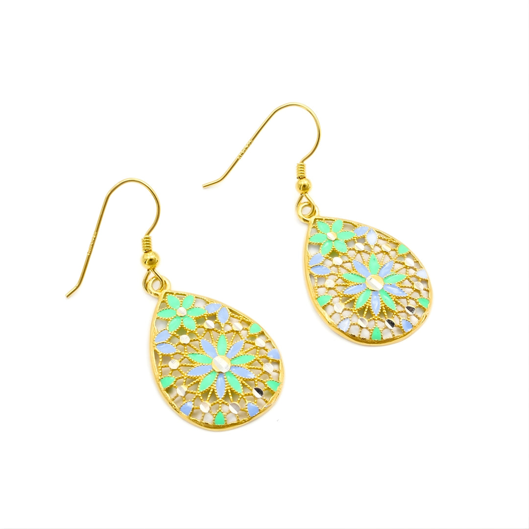 925 Sterling Silver Gold Tone Floral Drop Earrings