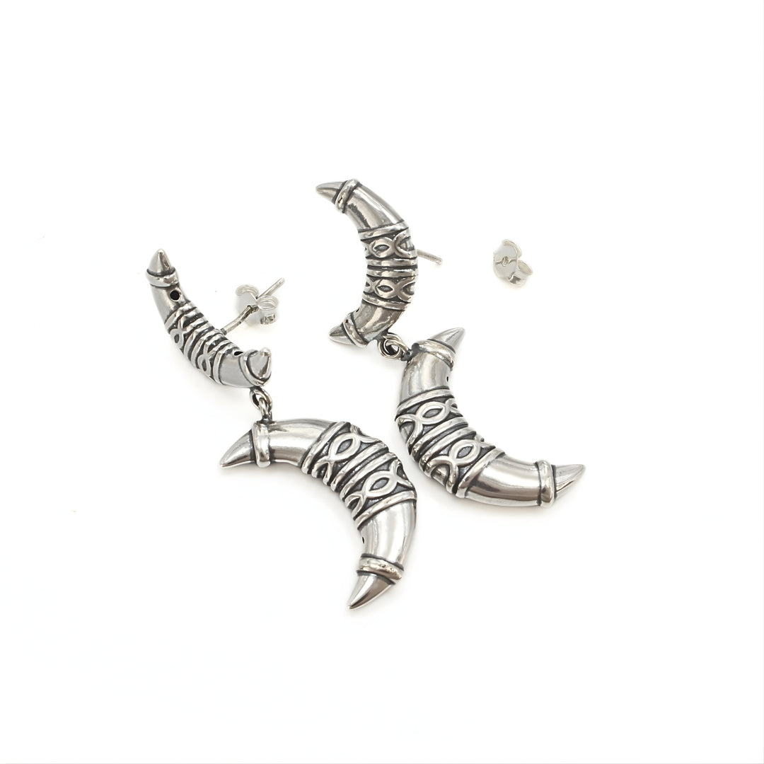 925 Sterling Silver Oxidised Tribal Claw Half Hoop Stud Earrings