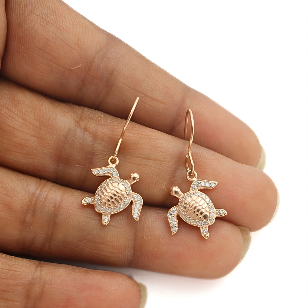 925 Sterling Silver White CZ Ocean Charm Rose Gold Turtle Earrings