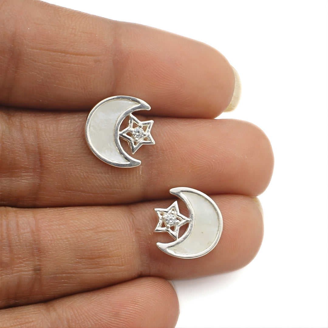 925 Sterling Silver White CZ Moon and Star Earrings
