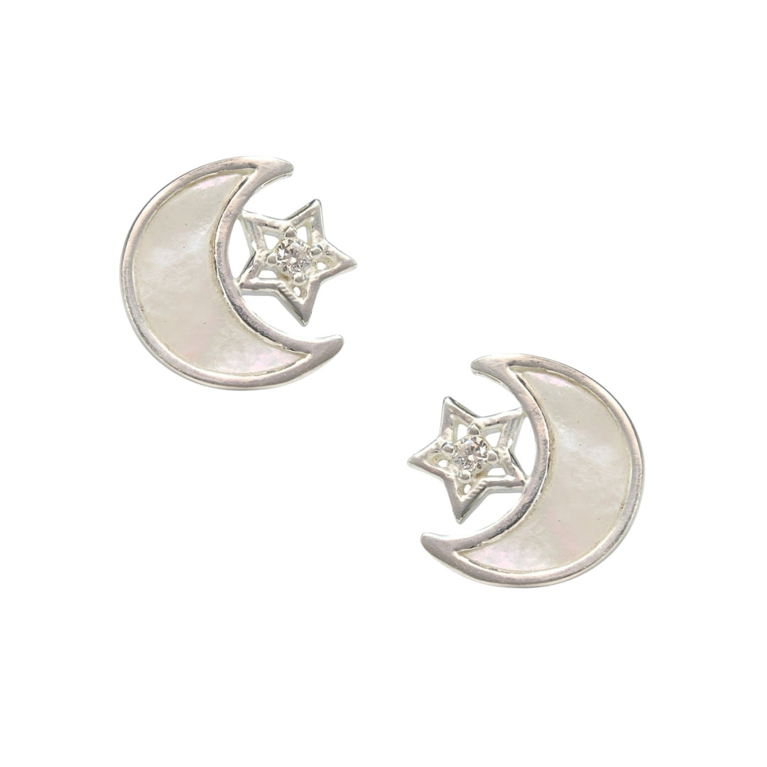 925 Sterling Silver White CZ Moon and Star Earrings