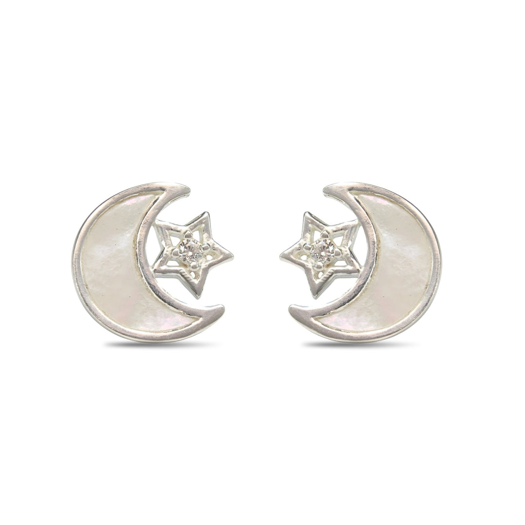 925 Sterling Silver White CZ Moon and Star Earrings