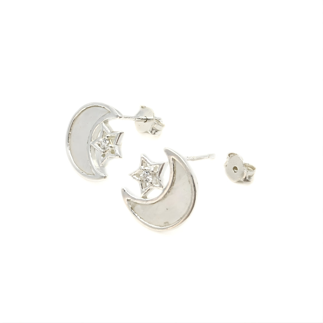 925 Sterling Silver White CZ Moon and Star Earrings