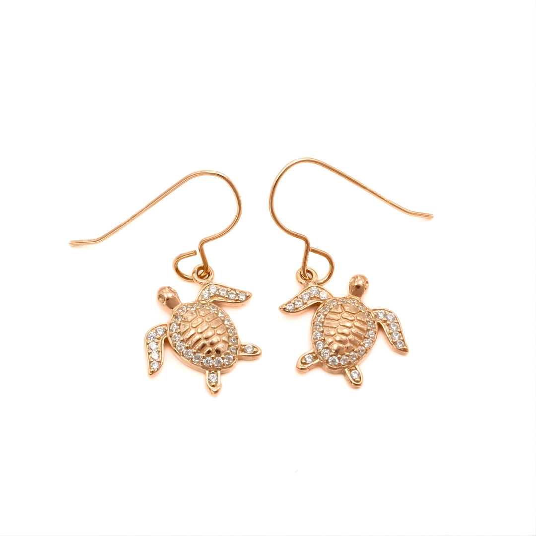 925 Sterling Silver White CZ Ocean Charm Rose Gold Turtle Earrings