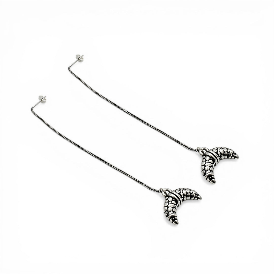 925 Sterling Silver Oxidized Threader Drop croissant-shaped charm Earrings