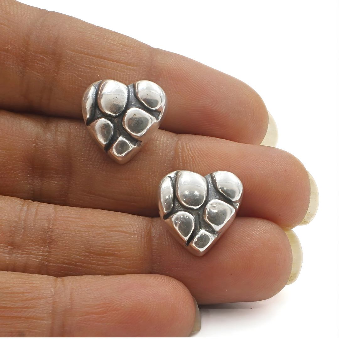 Beautiful 925 Sterling Silver Oxidized Puffy Heart Stud Earrings