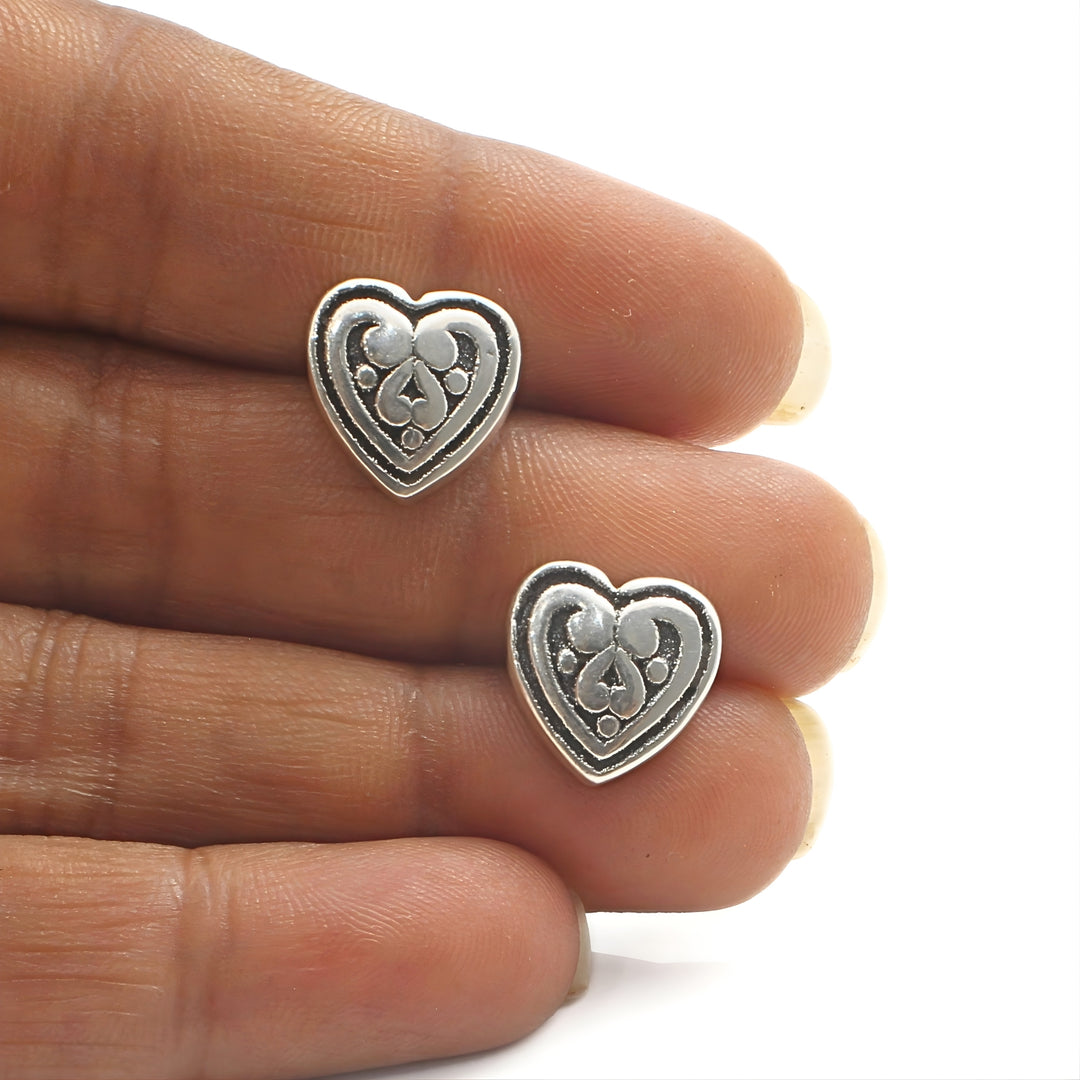 Boho Look 925 Sterling Silver Oxidized Mini Heart Post Stud Earrings