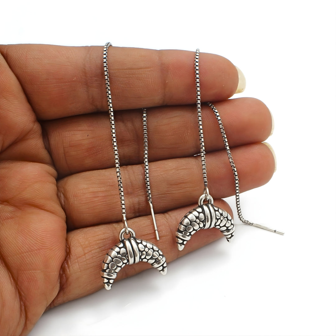 925 Sterling Silver Oxidized Threader Drop croissant-shaped charm Earrings