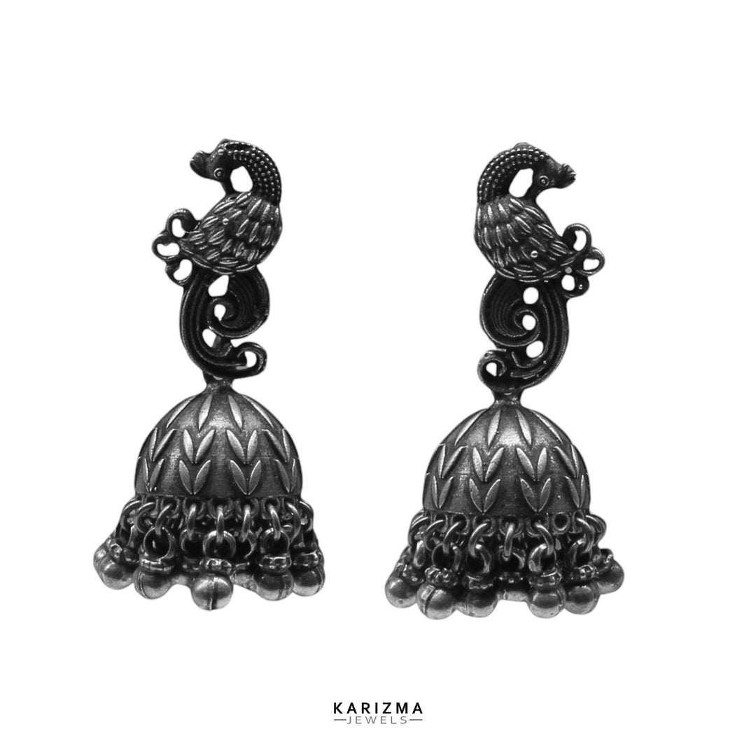 925 Sterling Silver Oxidized  Peacock earrings Beads Danglers women Jhumki Earring