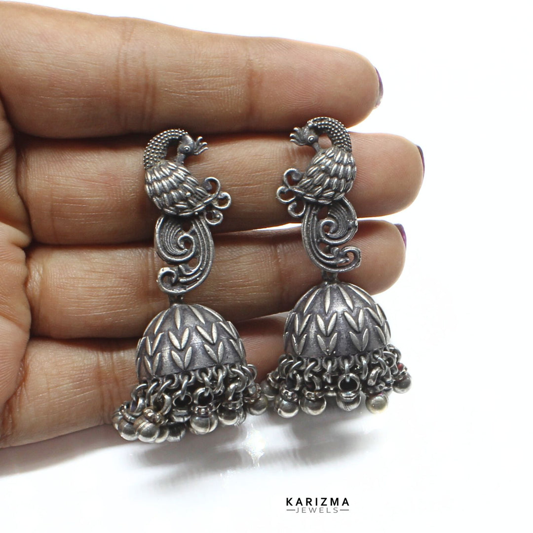 925 Sterling Silver Oxidized  Peacock earrings Beads Danglers women Jhumki Earring