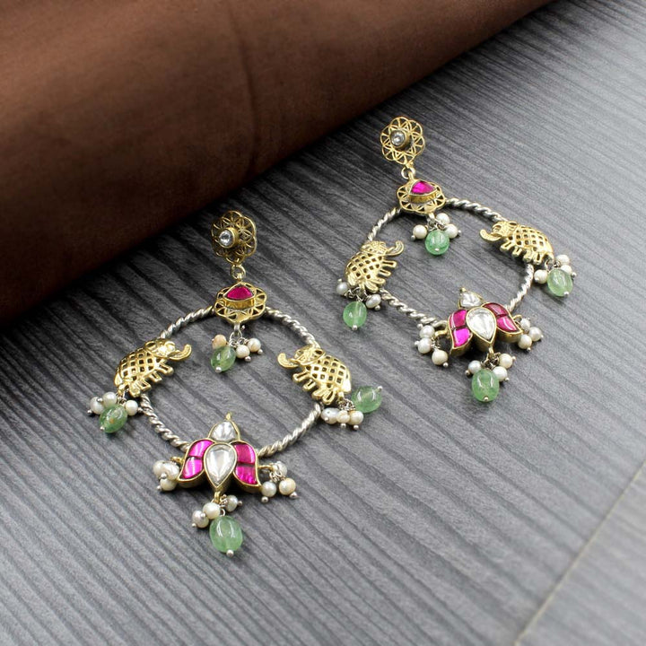 Traditional Style Real Silver Dangle Natural Emerald Pearl Jhumka Two Tone Earrings