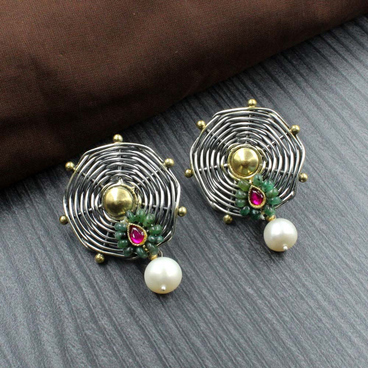 Cute Women Traditional Two Tone Real 925 Silver Emerald Pearl Earrings