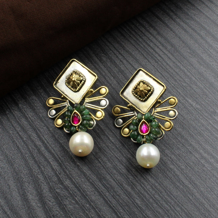 Real 925 Sterling Silver Dangle Emerald Pearl Earrings in Dual Tone .