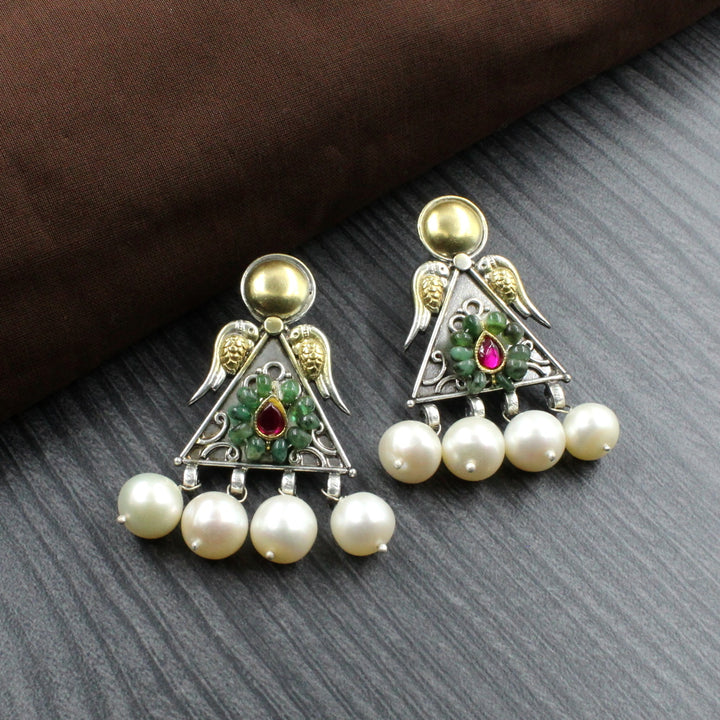 Dual Tone Real 925 Silver Dangle Emerald Pearl Jhumka Earrings