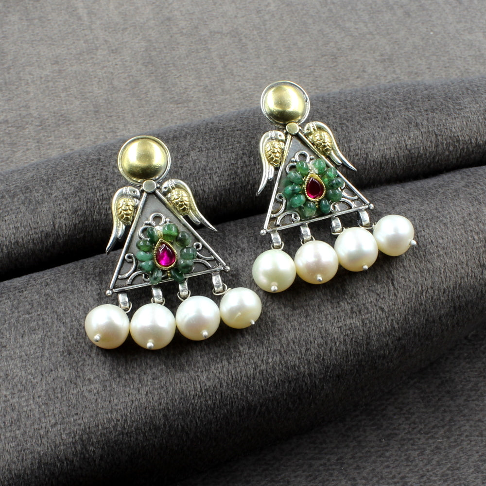 Dual Tone Real 925 Silver Dangle Emerald Pearl Jhumka Earrings
