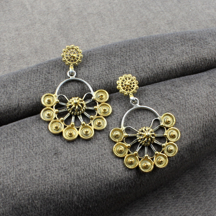 Floral Shaped -Two Tone Real 925 Silver Dangle Jhumka Earrings