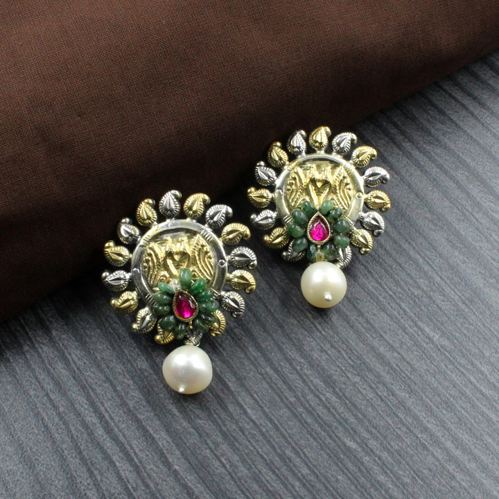 Two Tone Jhumka Earrings with Dangle Natural Emerald Pearl in Real 925 Silver