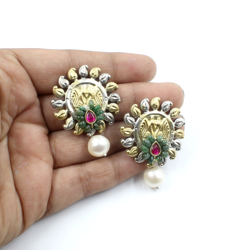 Two Tone Jhumka Earrings with Dangle Natural Emerald Pearl in Real 925 Silver