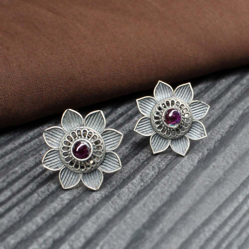 Real 925 Silver Oxidized Lotus Flower Garnet Stud Earrings