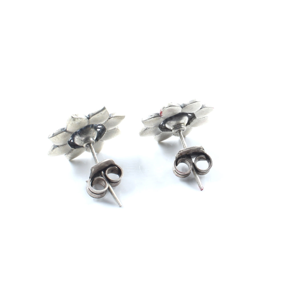 Real 925 Silver Oxidized Lotus Flower Garnet Stud Earrings