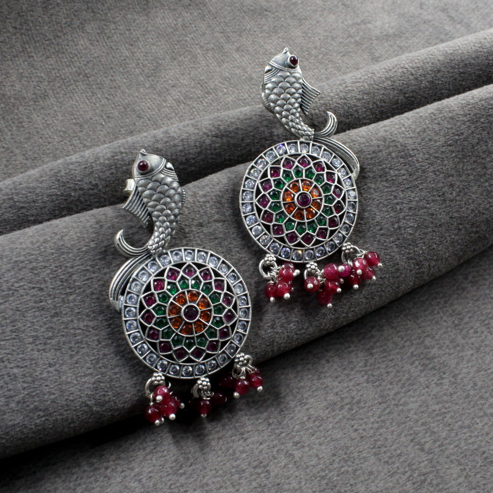 Real 925 Sterling Silver Fish Design Oxidized Kundan Earrings