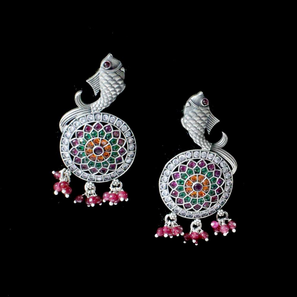 Real 925 Sterling Silver Fish Design Oxidized Kundan Earrings