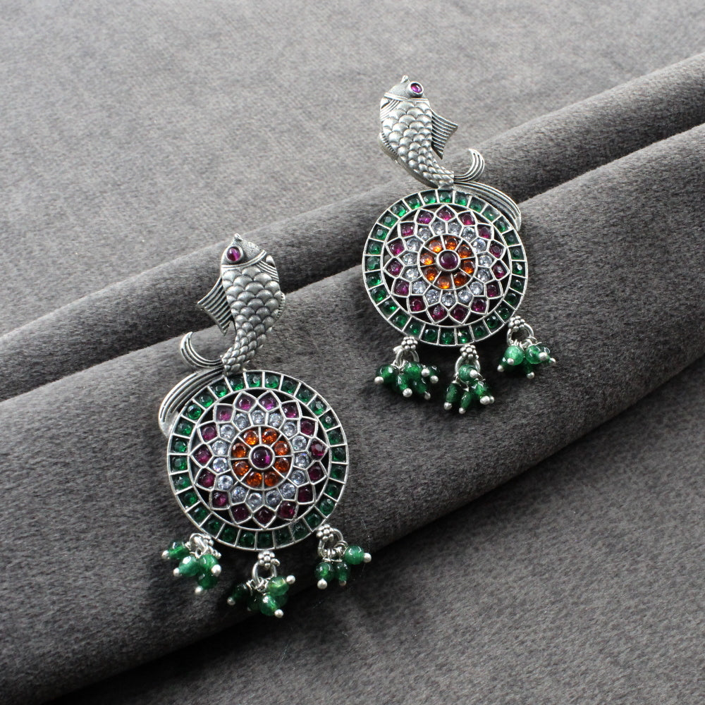 Fish Style Real 925 Sterling Silver Oxidized Kundan Earrings