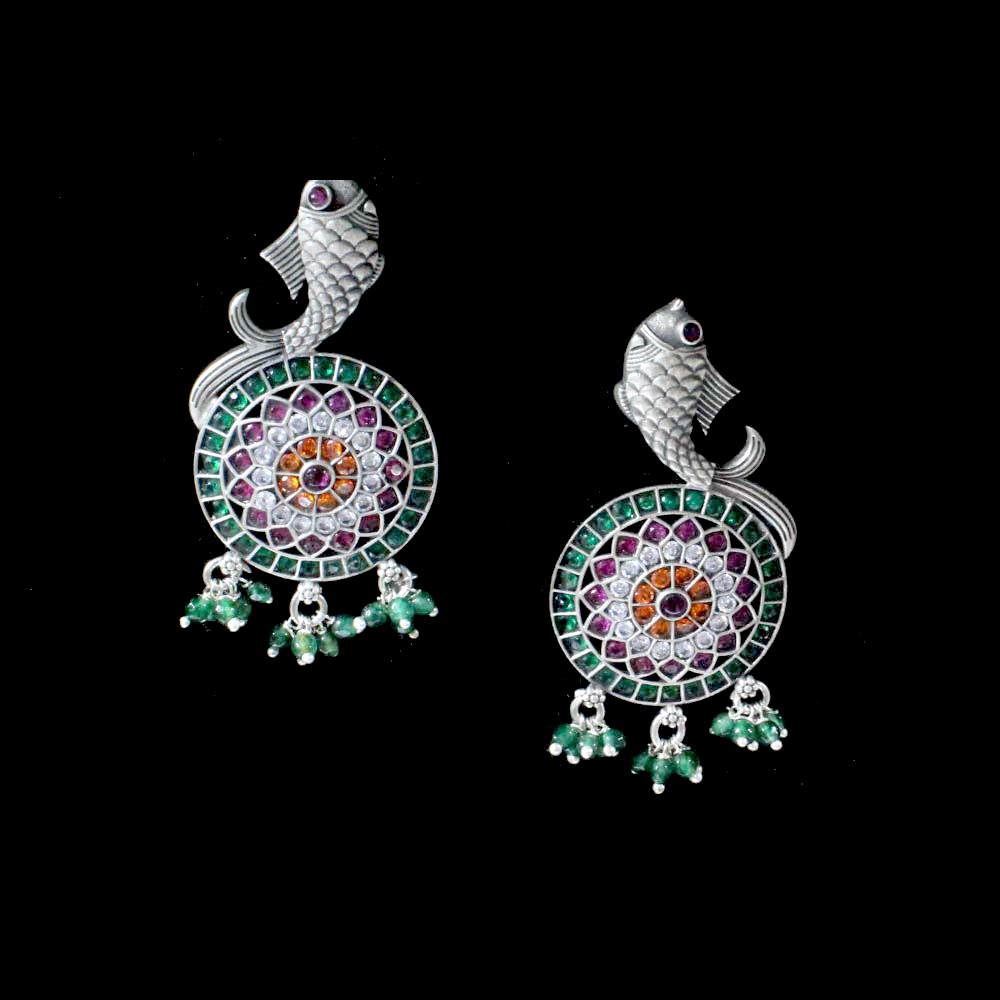 Fish Style Real 925 Sterling Silver Oxidized Kundan Earrings