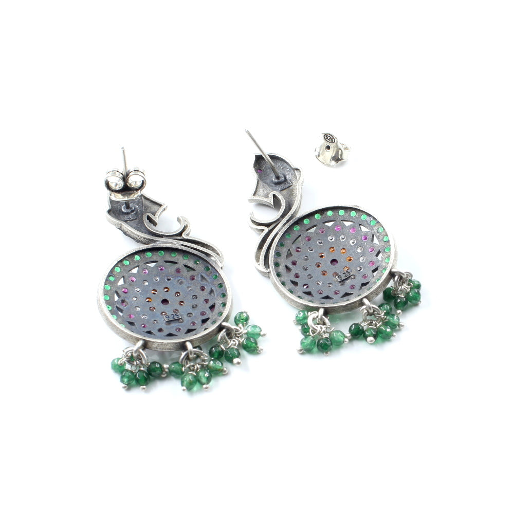 Fish Style Real 925 Sterling Silver Oxidized Kundan Earrings