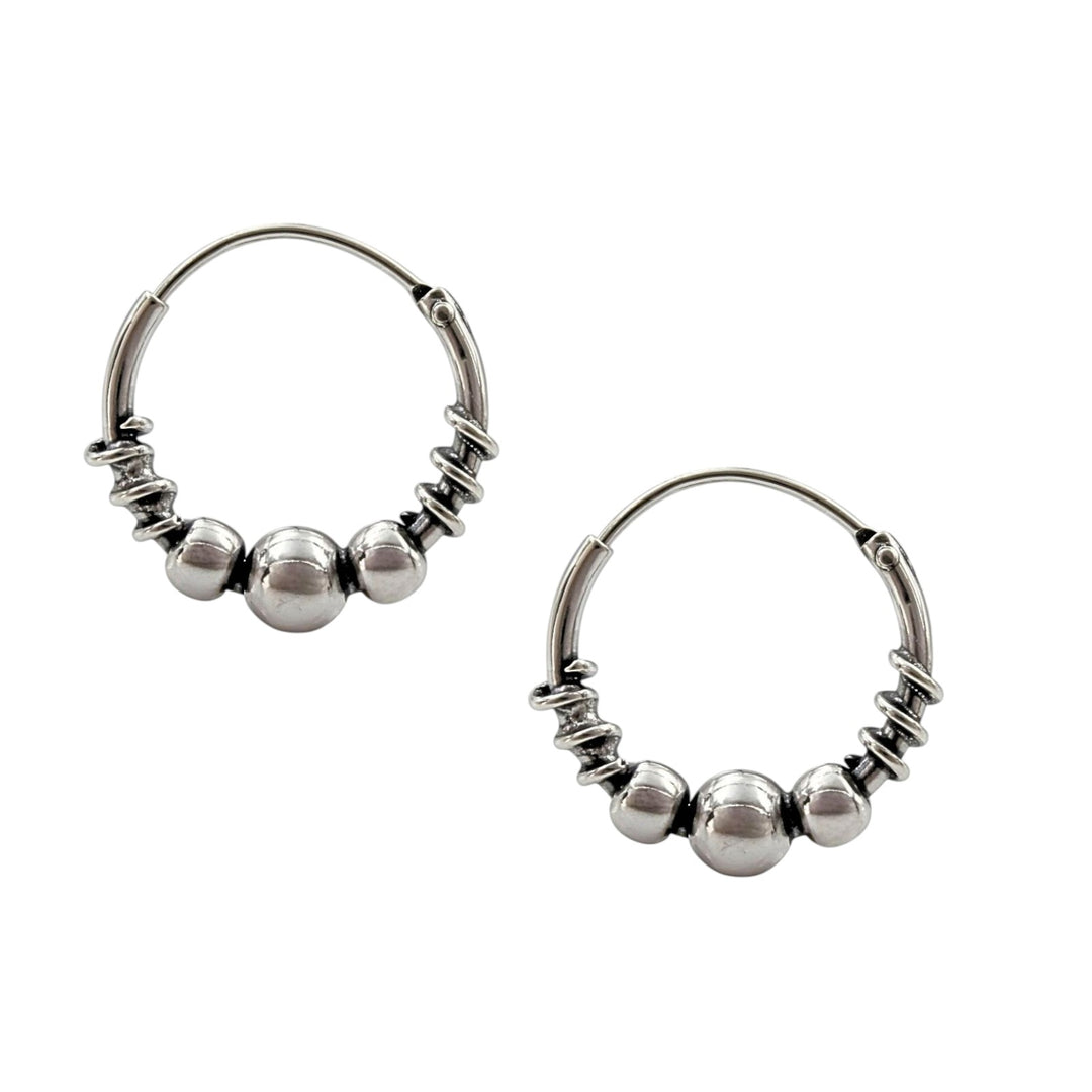 925 Real Sterling Silver Oxidized Bead bali hoop earrings for women - Pair