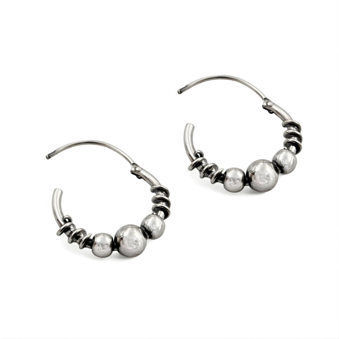 925 Real Sterling Silver Oxidized Bead bali hoop earrings for women - Pair