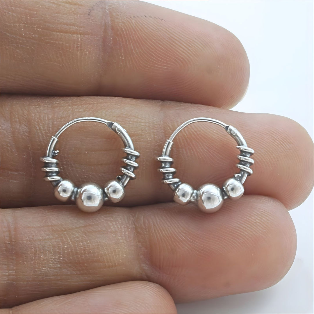 925 Real Sterling Silver Oxidized Bead bali hoop earrings for women - Pair