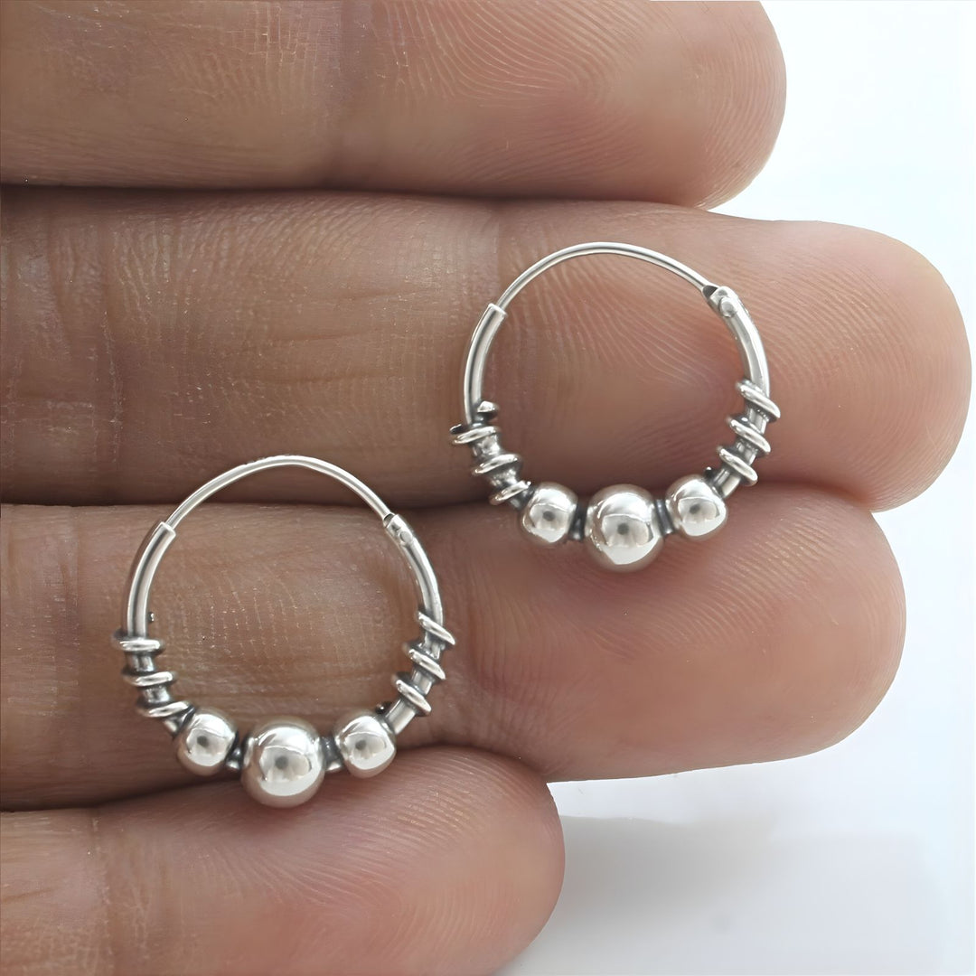 925 Real Sterling Silver Oxidized Bead bali hoop earrings for women - Pair