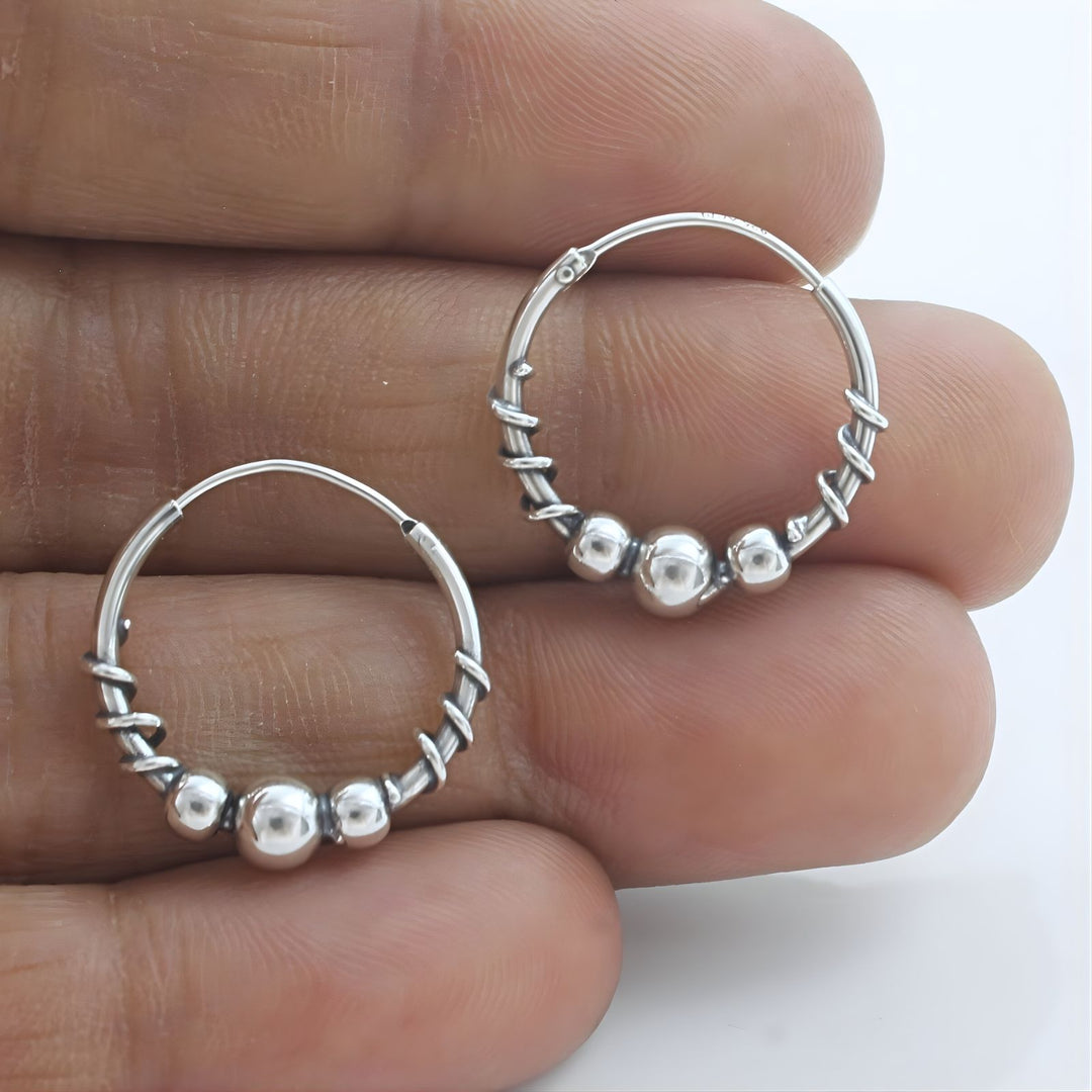925 Real Sterling Silver Oxidized Bead bali hoop earrings for women - Pair