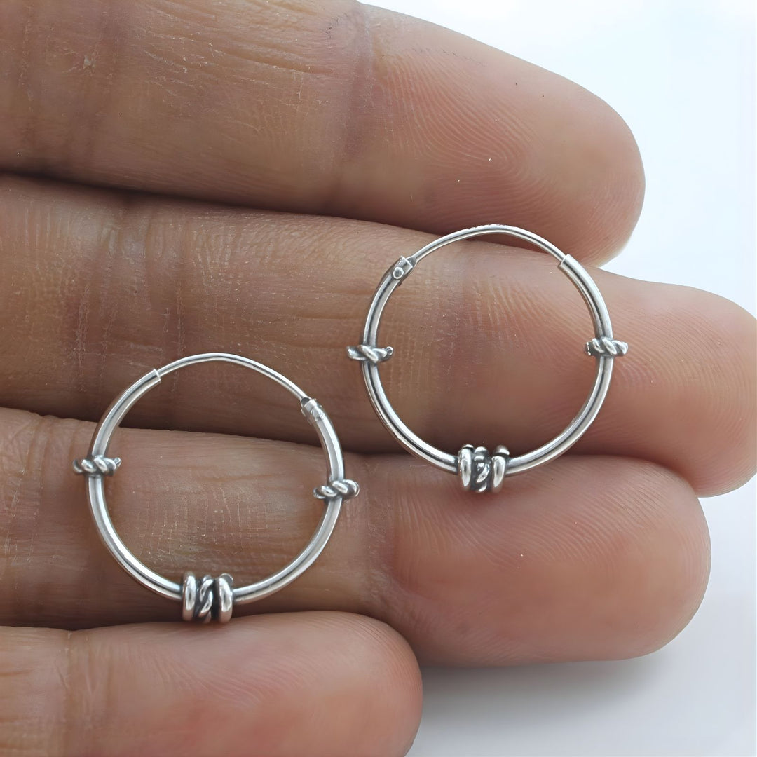 Trendy 925 Real Sterling Silver Oxidized rope design bali hoop earrings for women - Pair