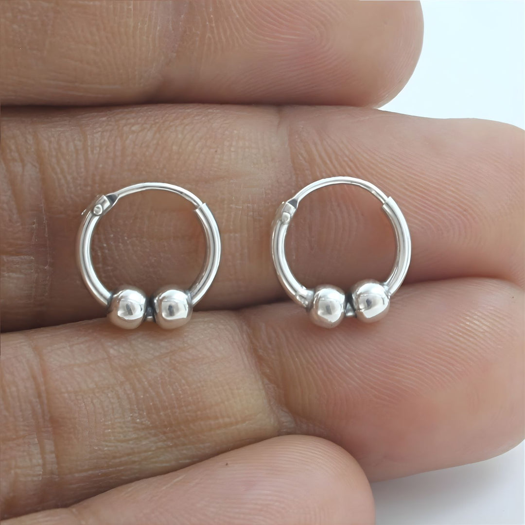 925 Real Sterling Silver Oxidized  Double ball bali hoop earrings for Girls - Pair