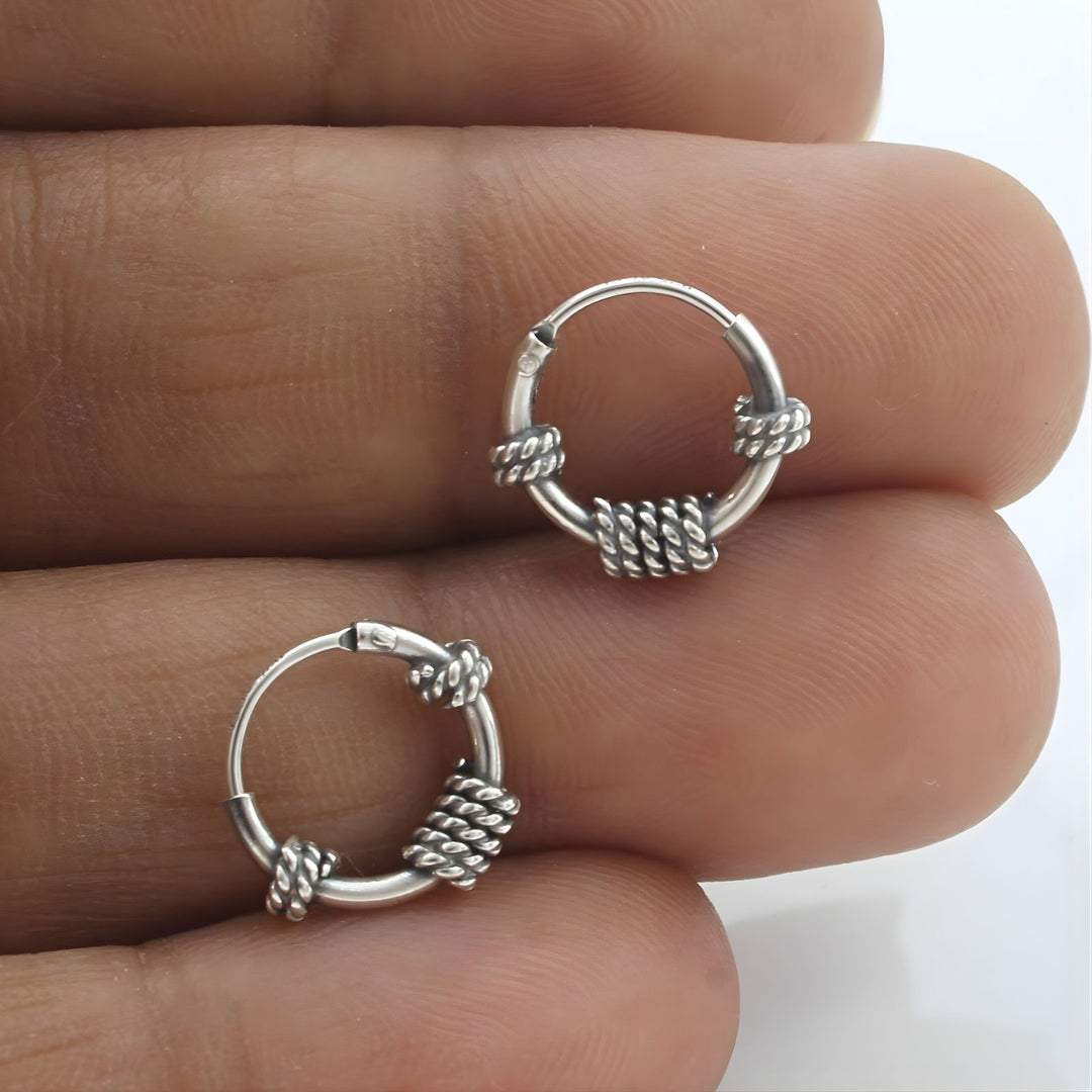 925 Real Sterling Silver Oxidized Rope Design small bali hoop earrings for Girls - Pair
