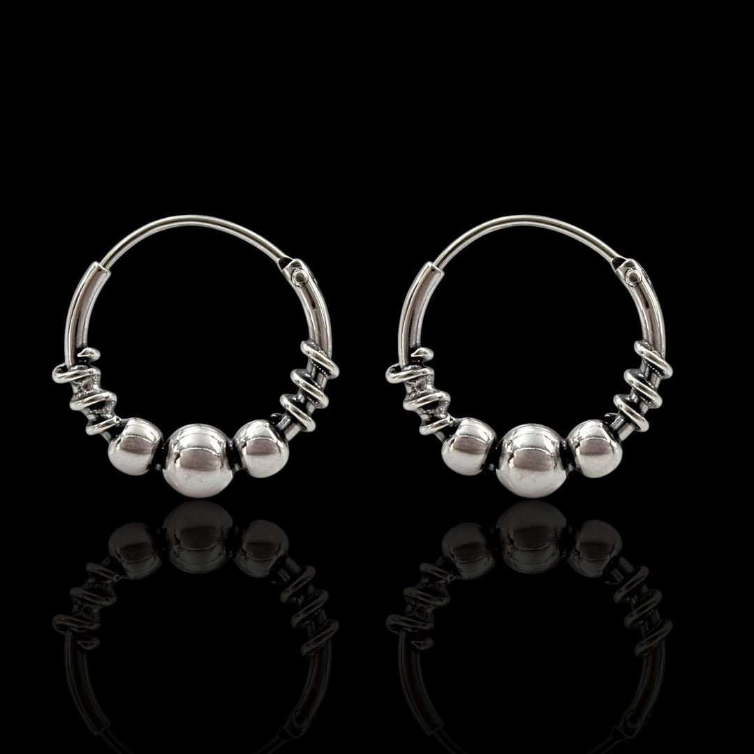 925 Real Sterling Silver Oxidized Bead bali hoop earrings for women - Pair