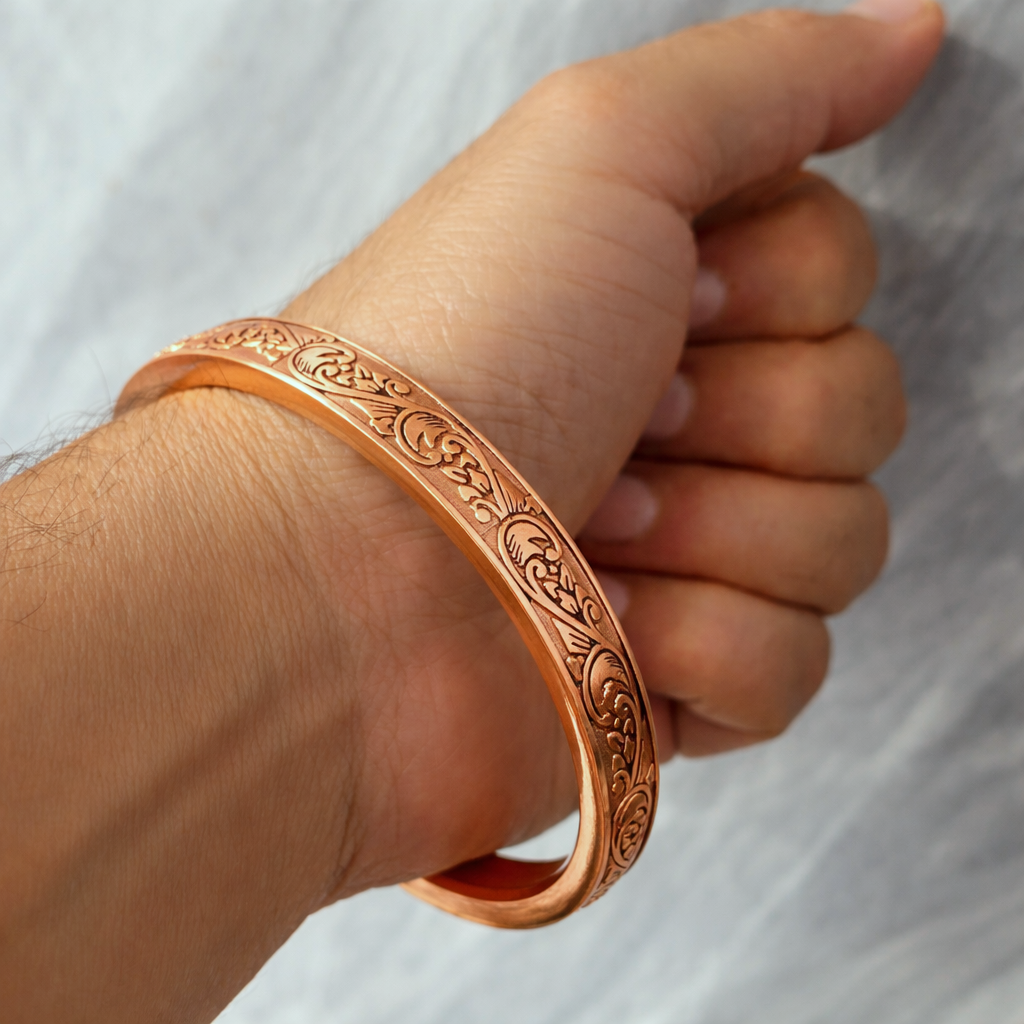 Heavy Flat Engraved Copper Kada for Men